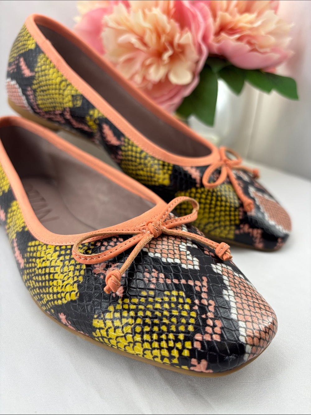 Deltan Womens 7.5 Coral-Trim Snake Print‎ Ballet Flats #738